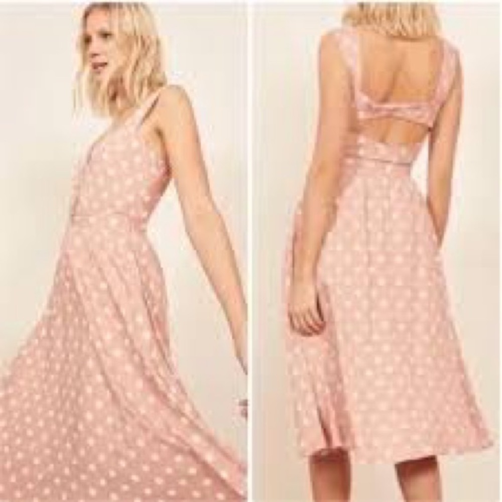 Reformation Lanai midi pink polka dot dress